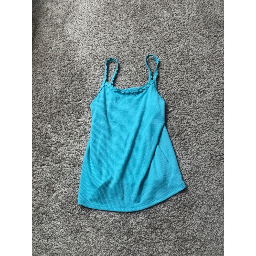 Falls Creek Girls XL 14/16 Turquoise Blue Ribbed Cami Top Crochet Lace Trim